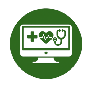 Green icon of a computer screen with medical symbols.