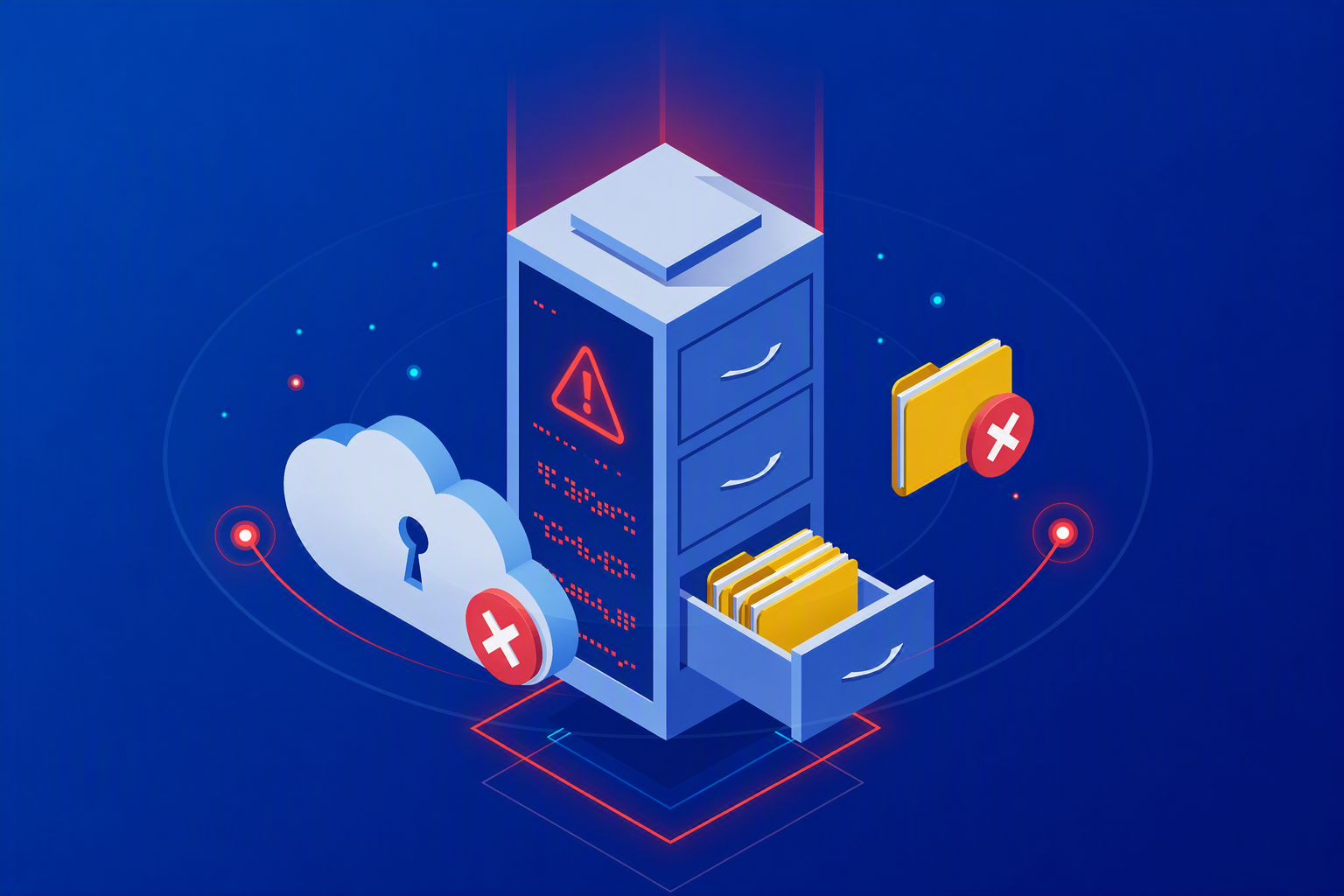 Failed backup system with server error warning, inaccessible cloud backup, and data recovery failure for business disaster recovery.