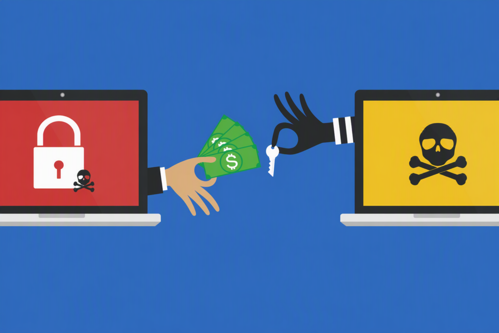 Ransomware attack illustration showing money exchanged for a decryption key between two laptop computers.