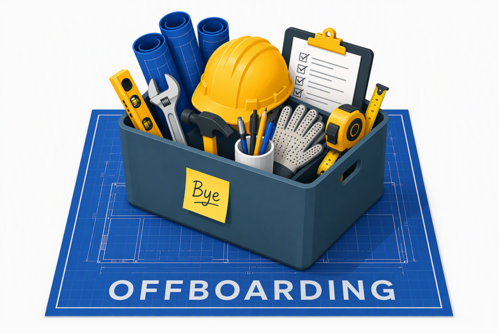 Construction employee offboarding box with hard hat, blueprints, tools, and OFFBOARDING plan for IT and workplace transition process
