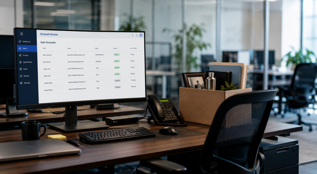 Empty office cubicle with an active former employee account showing suspicious login activity on a computer screen.