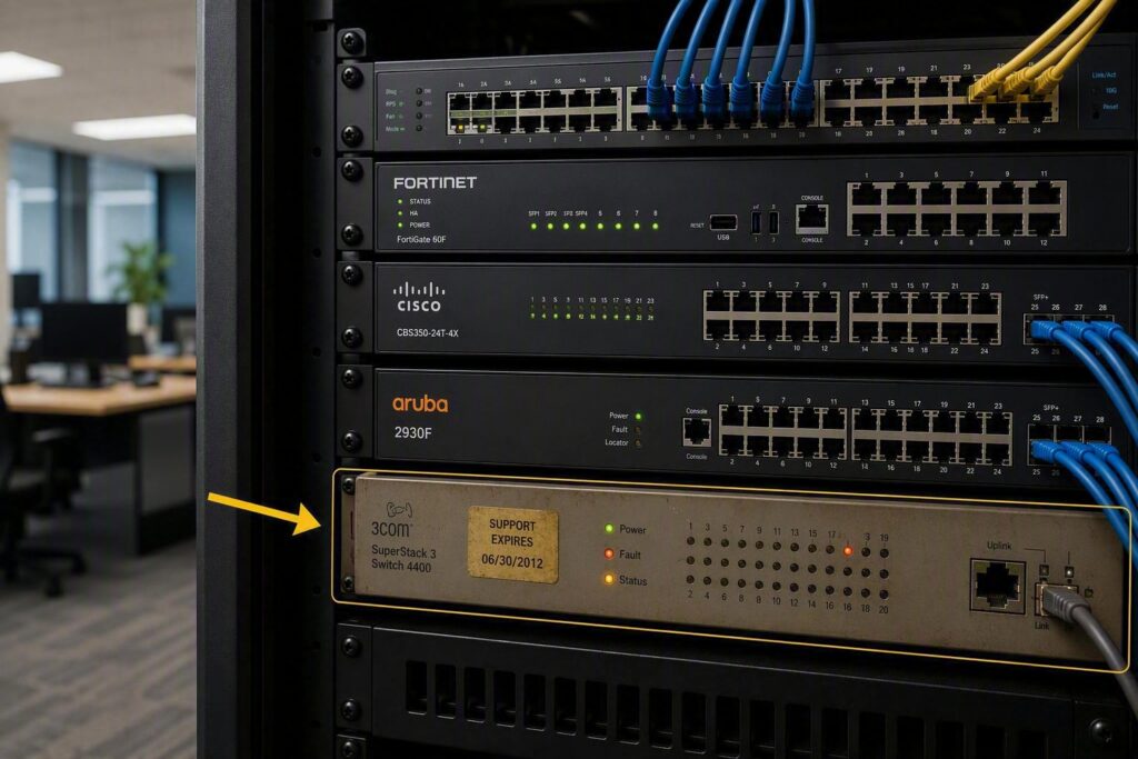 Aging network switch with expired support tag in otherwise modern business network rack