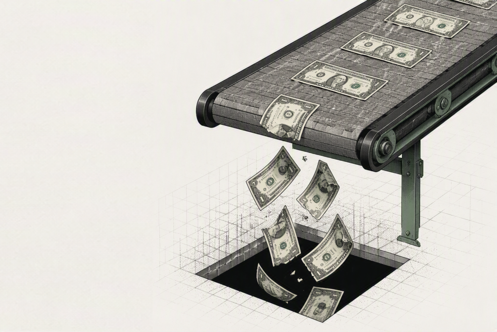 Money falling off a conveyor belt into a pit representing wasted business spending and IT inefficiencies