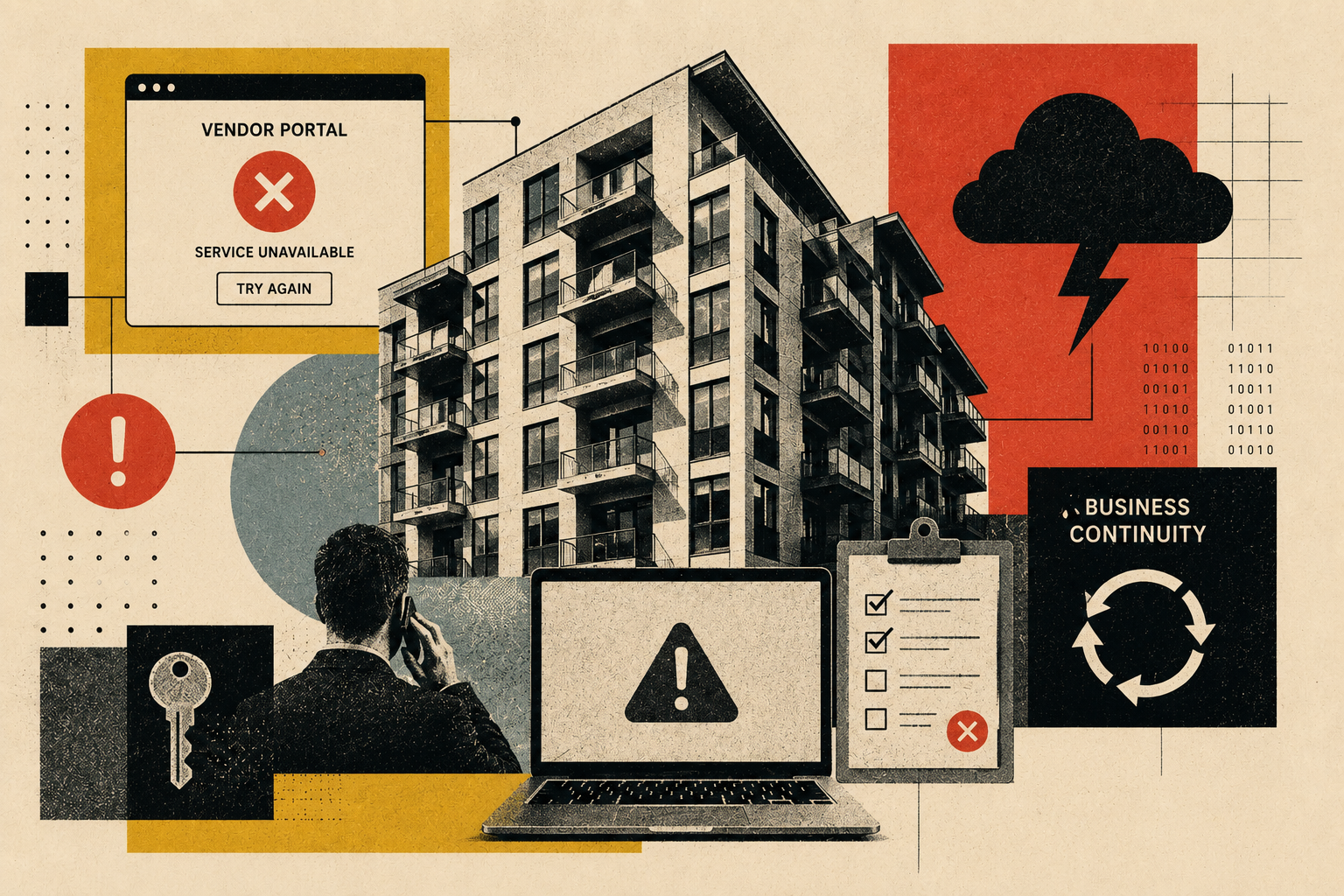 Property management IT risk illustration showing vendor portal outages, cybersecurity threats, building systems, and business continuity challenges.