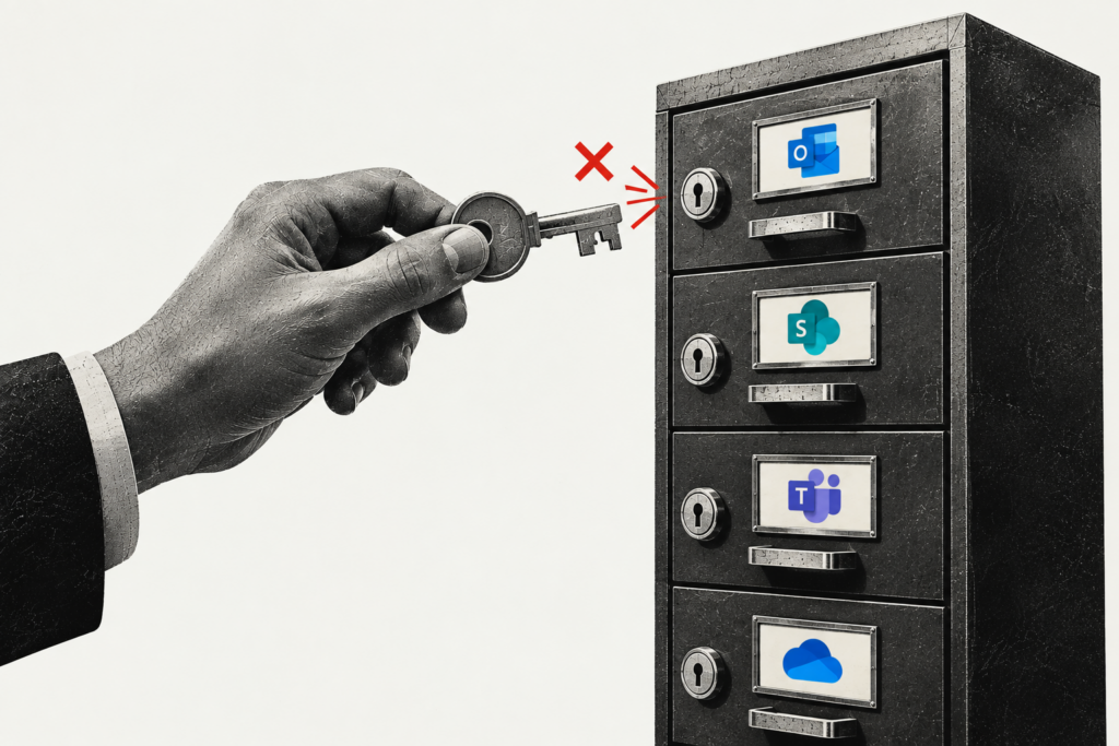 Hand holding a key that cannot access Microsoft 365 data stored in a filing cabinet
