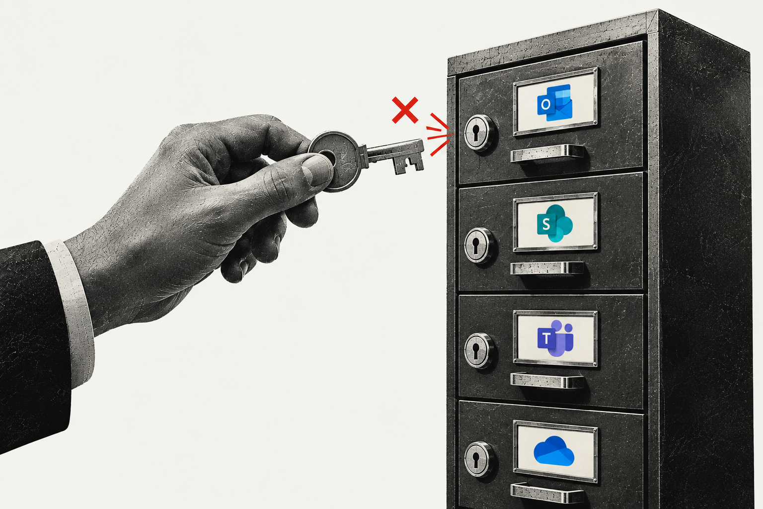 Hand holding a key that cannot access Microsoft 365 data stored in a filing cabinet