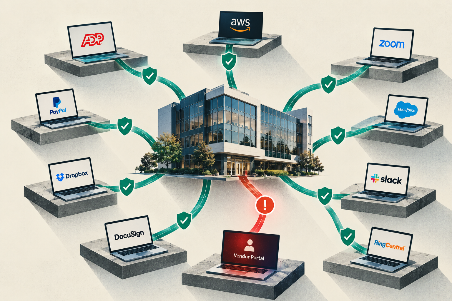 Company connected to multiple third-party vendors, with one unsecured connection creating a cybersecurity risk