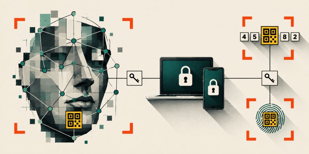 Multi-factor authentication process using facial recognition, device security, passcodes, QR codes, and fingerprint verification
