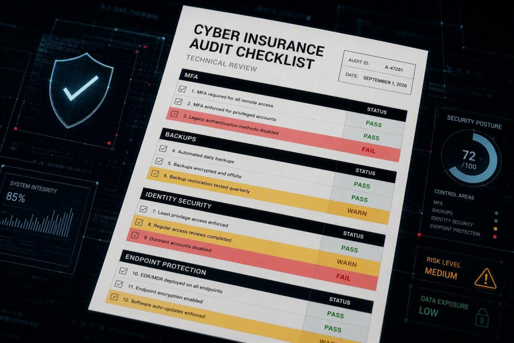 Cyber insurance audit checklist highlighting MFA, backups, identity security, and endpoint protection requirements