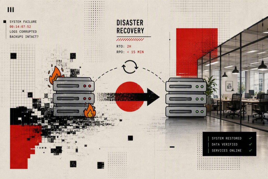 Disaster recovery and backup infrastructure showing failed server recovery to a restored production environment