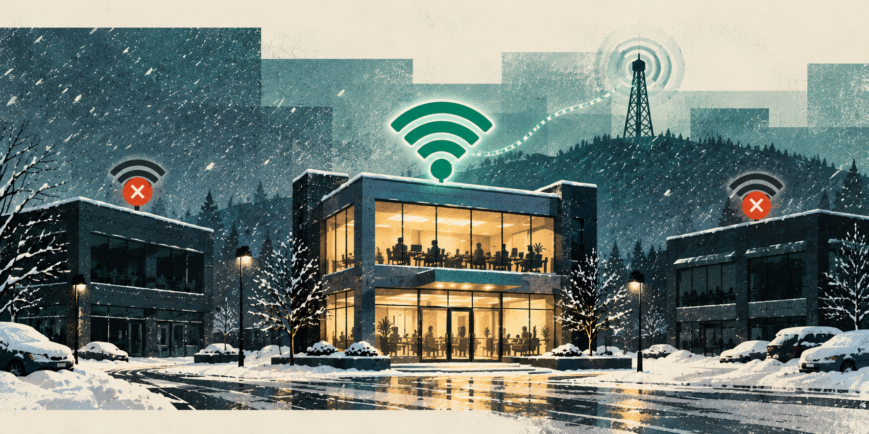 Snow-covered offices during an internet outage with one business staying online using a backup connection