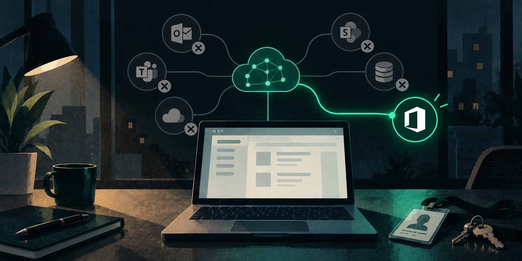 AI cloud connected to Microsoft 365 on a laptop while other business applications and access points are disconnected