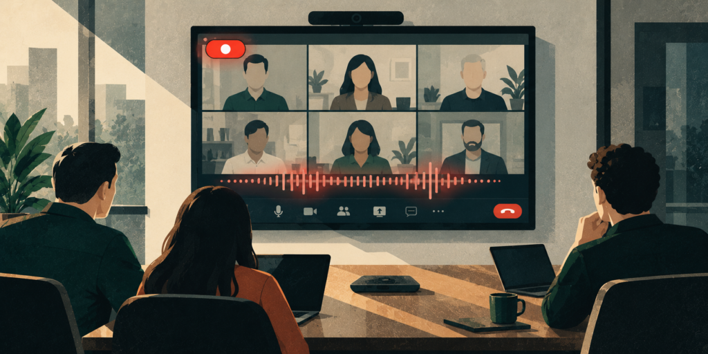 AI-recorded video meeting showing how business conversations can create recordings, transcripts, and other digital records.
