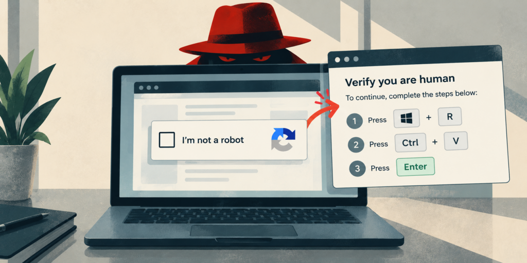 ClickFix phishing attack showing a fake CAPTCHA verification with a hidden hacker tricking users into running malicious commands